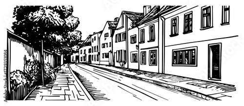 European Residential Street With Row Houses Line Art Vector