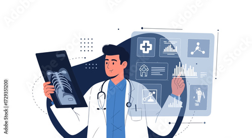 Doctor Analyzing X-Ray and Medical Data on Futuristic Digital Interface