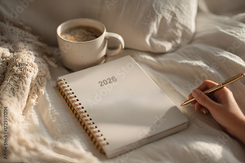A diary planner for 2026, on a table with coffee and dessert.