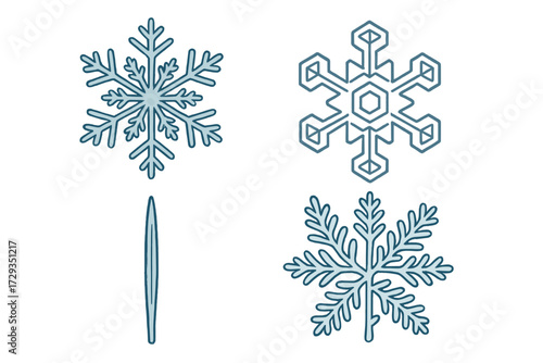 Unique blue snowflake designs and an elongated icicle shape symbolizing winter season, cold weather, and frosty conditions for seasonal decor