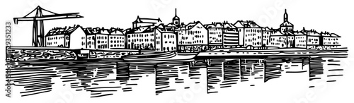 Gdansk Waterfront with Medieval Crane Engraved Vector