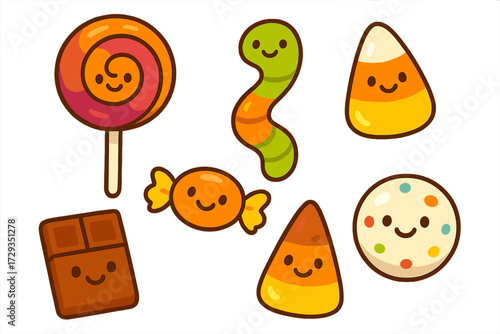 Playful collection of delicious confectionery items such as spiral lollipops, gummy worms, candy corn, and chocolate with cute smiling faces