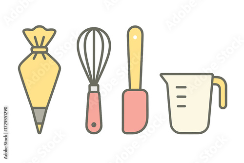 Essential kitchen baking tools: piping bag, whisk, spatula, measuring cup for culinary preparation