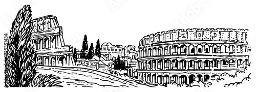 Roman Colosseum Panorama Line Art Vector