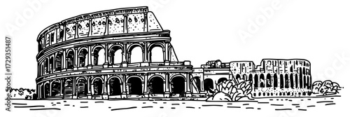 Colosseum Amphitheater Perspective Line Art Vector