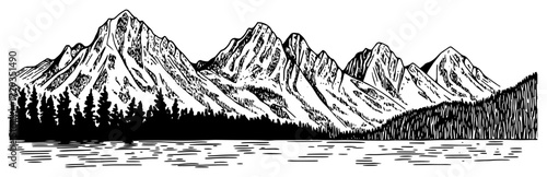 Rocky Mountain Range with Lake and Pines