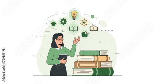 Female professor with education concept illustration, teaching and knowledge design