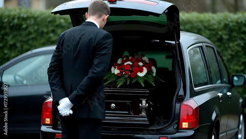 Professional funeral director in dark suit and gloves carefully loads wooden coffin with flower arrangement into black hearse, solemn outdoors, overcast day - respect, last journey, grief, mourning