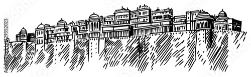 Historic Indian Palace on Cliff Vintage Engraving Vector