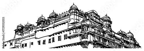 Indian Palace Fort Perspective Vintage Engraving Vector