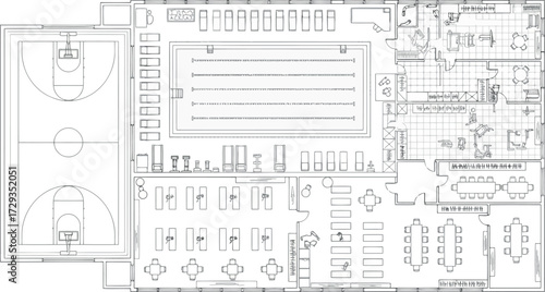 Vector art of architectural blueprint of a sports complex with swimming pool and gymnasium