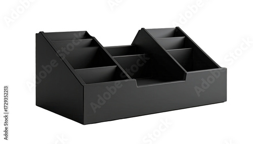 Angular black office organizer with multiple compartments and tiers, presented on a dark, solid black background, showcasing a clean and organized aesthetic with a minimalist design.
