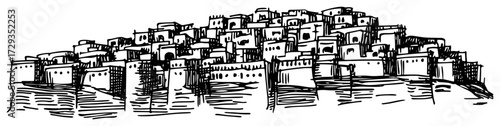Mediterranean Hill Town With White Houses Line Art Vector