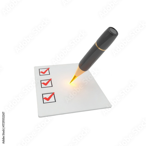 Detailed 3D render showing a checklist with completed tasks, represented by red check marks inside boxes on a white paper, with a black pen angled, highlighted with a bright glowing effect on the...