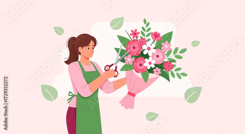 Florist Cutting Flowers in a Bouquet with Scissors, Illustrated Floral Design