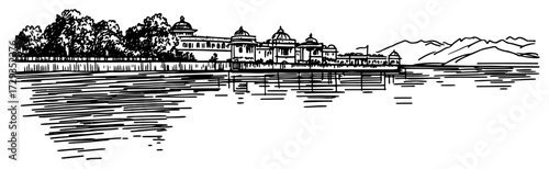 Lakeside Indian Palace Landscape Line Art Vector