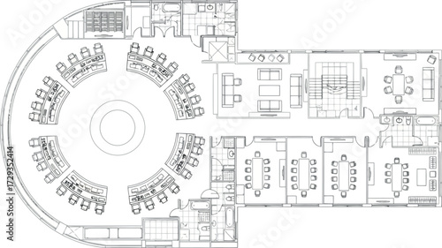 Vector art of architectural floor plan of a modern office building with conference rooms
