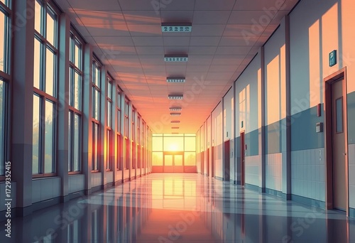 Soft, orange sunrise light streams through tall windows in a clean, minimalist anime-style school corridor,  peaceful,  kawaii
