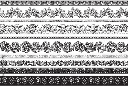 Distressed Black and White Vintage Ornamental Borders and Medallion Dividers Set

