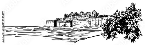 Coastal Fortress on Cliff Engraved Vector