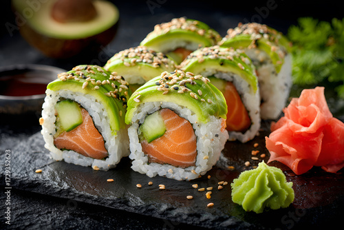 Sushi with salmon and wasabi	