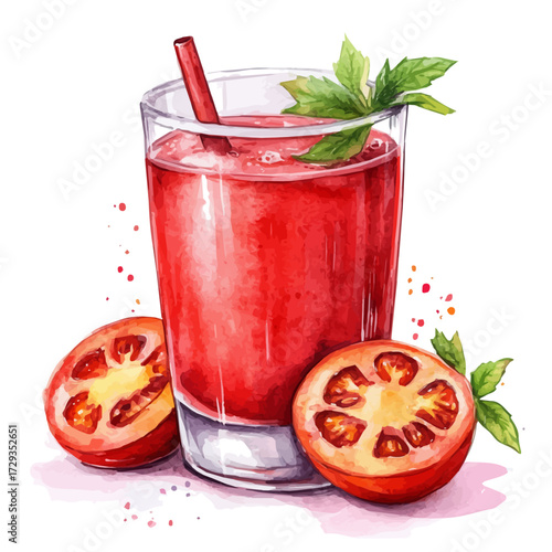 Tomato Juice, watercolor illustration vector, isolated on a white background.