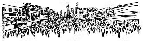 Urban City Square with Large Crowd Panorama