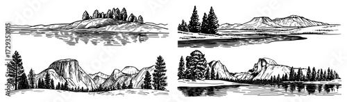 Mountain Lake Landscapes Panorama Vector Set