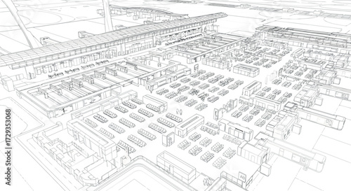 Vector art of architectural wireframe drawing of a large industrial warehouse with many shelves