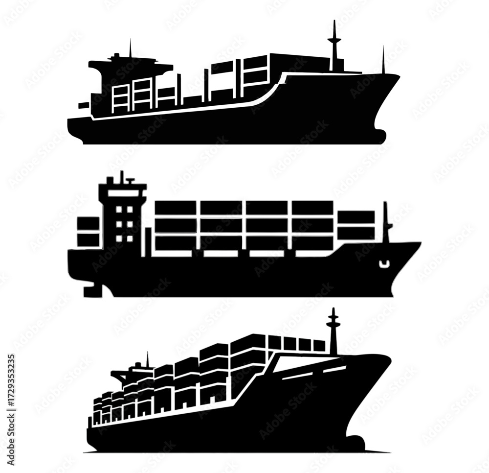 Obraz premium Three container ships in silhouette, illustrating global trade, transportation, and maritime industry with cargo and logistics
