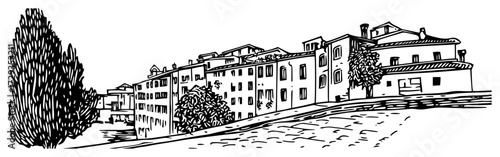 Mediterranean Hilltown Street Panorama Line Art Vector