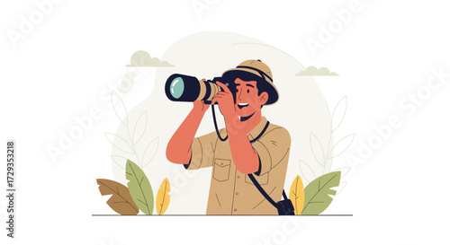 Enthusiastic Photographer Exploring Nature Amidst Lush Foliage Capturing Moments