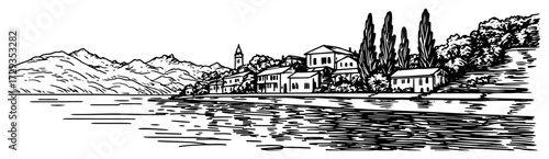 Lakeside Italian Village with Mountains Panorama Line Art