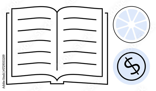 Open book with lines suggesting text, next to a progress chart and dollar sign in circles. Ideal for education, financial literacy, learning, economics, strategy, business knowledge sharing. Simple