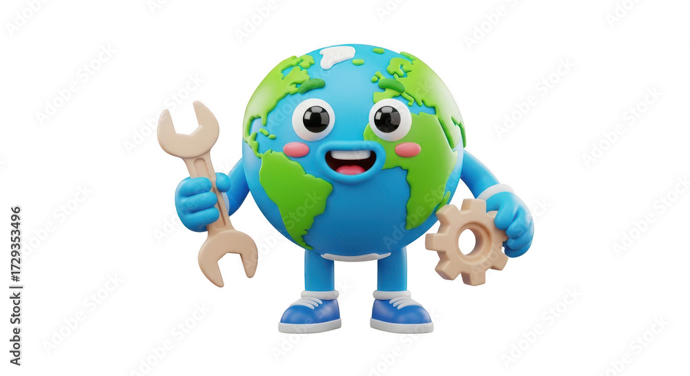 Obraz premium Cartoon earth character holding wrench and gear isolated on transparent background