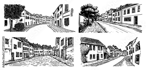 European Old Town Street Scenes Collection Line Art