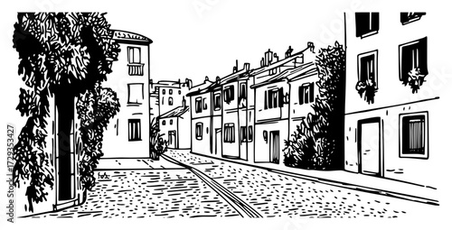 Quiet European Old Town Street with Houses Line Art