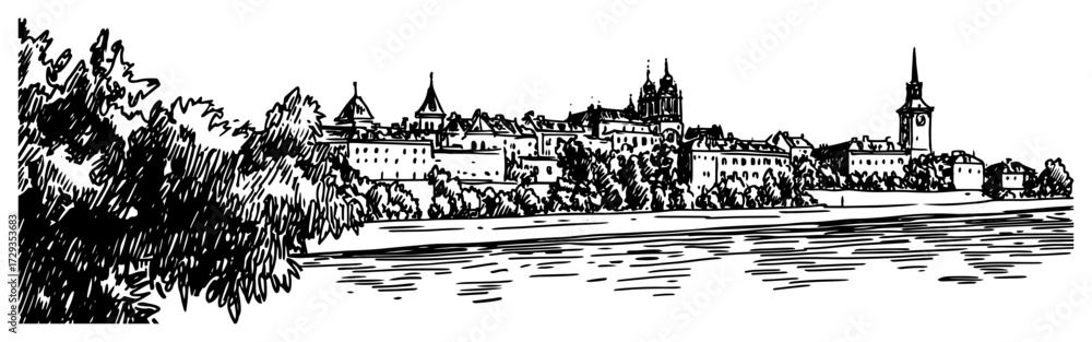 Obraz premium Riverside Old Town Skyline with Church Hand Drawn Vector