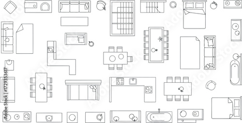 Vector art of collection of architectural floor plan elements and furniture