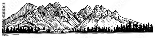 Alpine Mountains with Village Panorama Ink Sketch