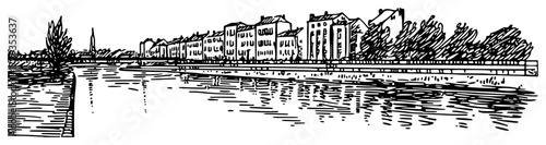 European Riverside Neighborhood Panorama Ink Sketch