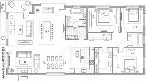 Vector art of detailed architectural floor plan of a modern house with multiple rooms and furniture