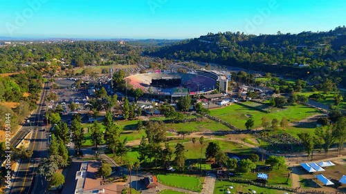 Aerial view of Rose Bowl Stadium Oasis Concert Preparation Aerial Los Angeles September 7 2025