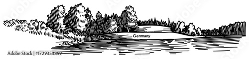 Germany Countryside Lake Landscape Hand Drawn Vector
