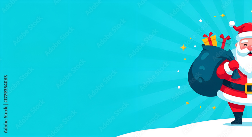 Naklejka premium Santa Claus with gift bag on snow background celebrating Christmas. Santa holds large sack with colorful presents and stands on snow, spreading joy and excitement during festive season.
