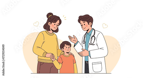 Family Doctor Consultation With Child, Mother And Medical Professional In Modern Illustration Style