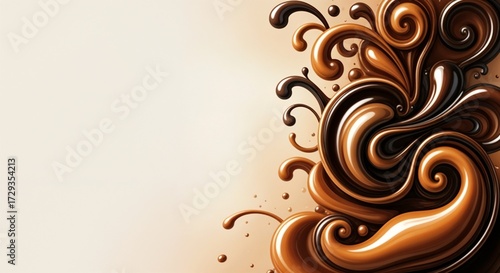 Swirling chocolate abstract background with rich cocoa tones and fluid shapes creating a dynamic composition. Chocolate design features smooth textures and flowing patterns ideal for culinary themes.