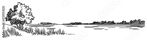 Riverbank With Tree and Distant Islands Line Art Vector