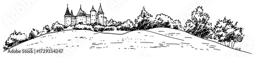 Hilltop Castle on Meadow Panorama Line Art Vector