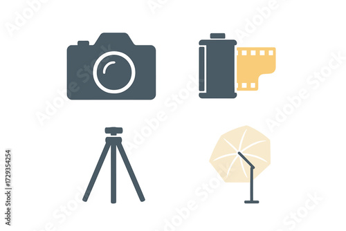 Modern photography equipment icons set with camera film roll tripod and studio lighting accessories